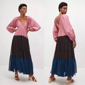 Anthropologie Nirmooha Puff Sleeve Color Block Maxi Dress Sz XS